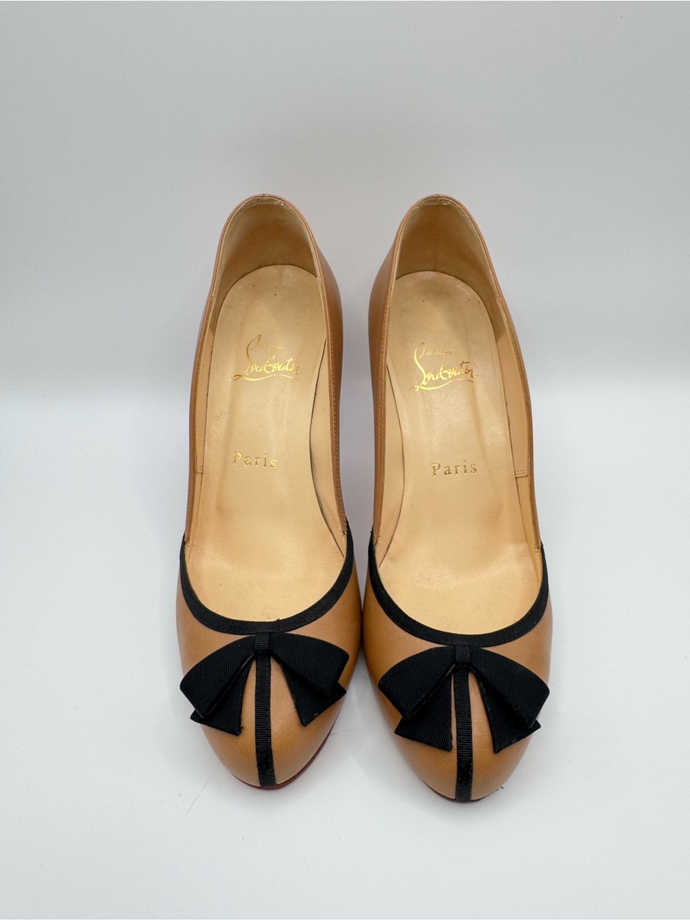 Christian Louboutin Lavalliere 85 Pumps 36.5 Beige Leather Black Bow Ribbon